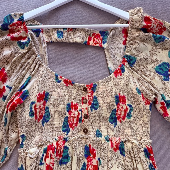 Free People Floral Boho Smocked Mini Dress Balloon Sleeve Size L Whimsical Retro - Picture 5 of 13